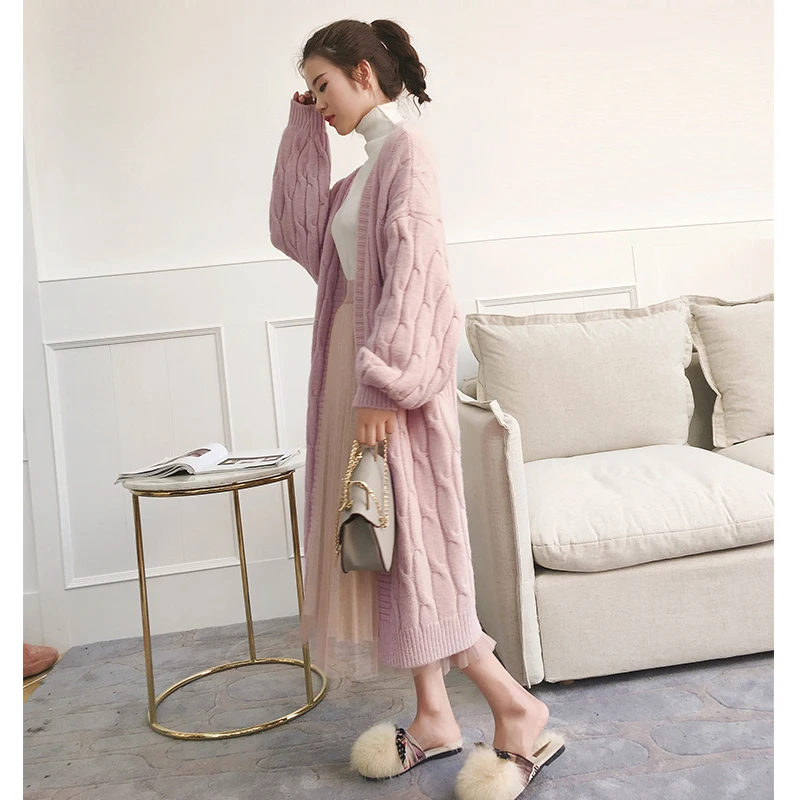 Женский свободный длинный вязаный кардиган осенне зимний плотный свитер в