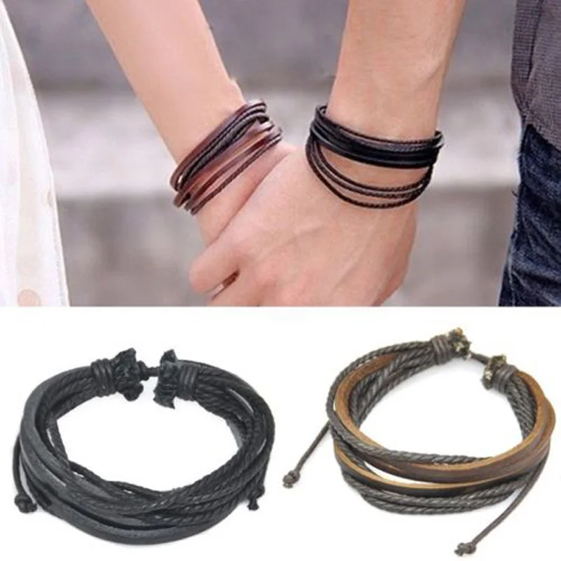 Мужской многослойный Браслет манжета из натуральной кожи вечерние ювелирные