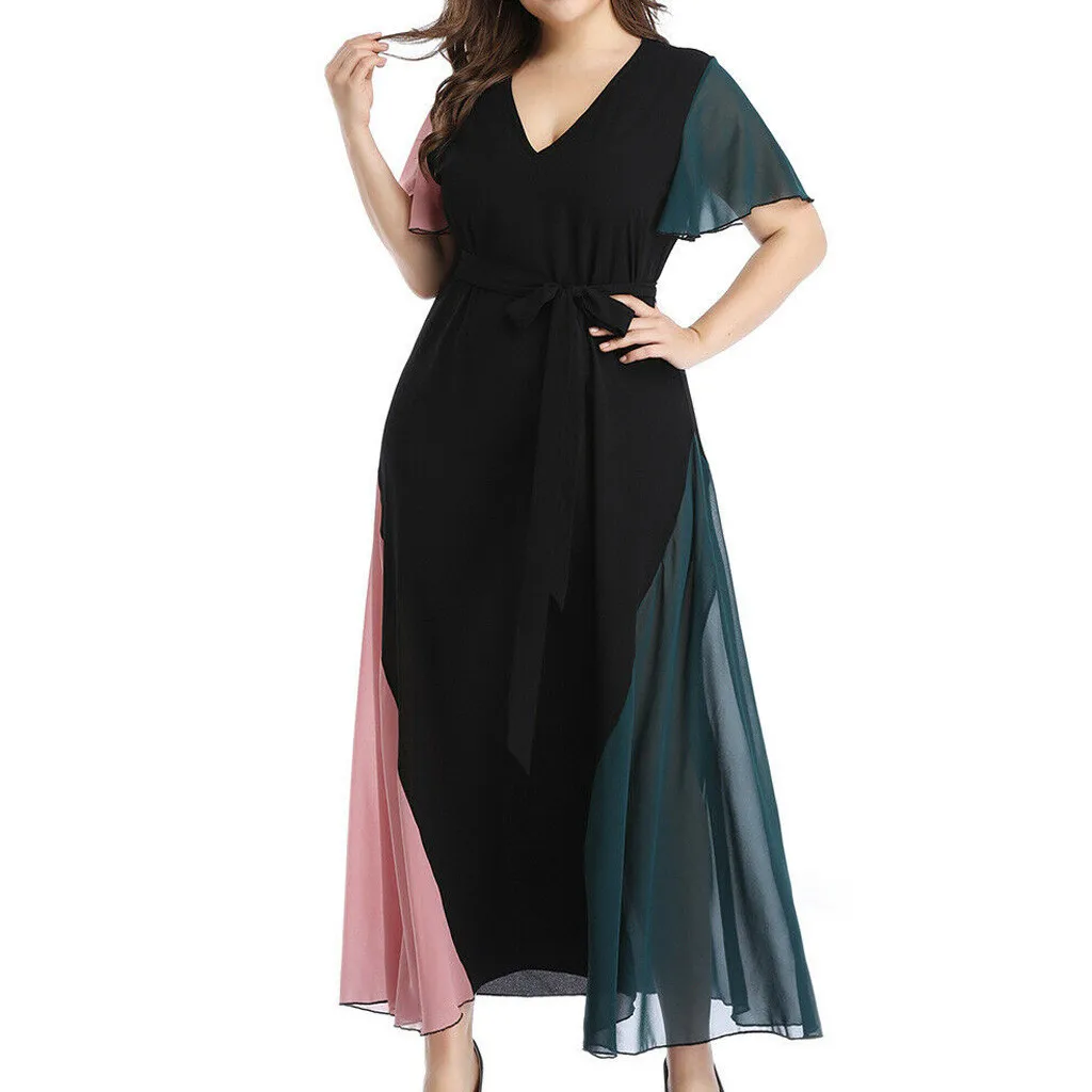 Женское шифоновое платье с коротким рукавом V образным вырезом и принтом|Женские