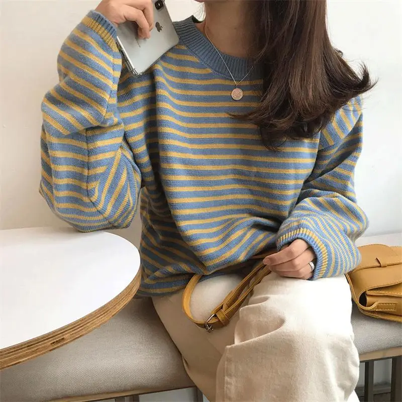 Women's Clothing Cute Kawaii Ins Chic Stripe Contrast Color Knit Sweater Lady Harajuku Ulzzang Sweaters For Women Casual | Женская