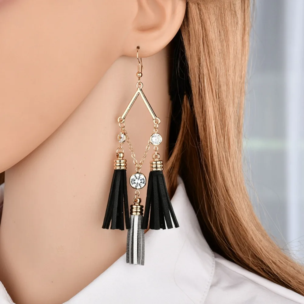 В богемном стиле черные кожаные кисточкой серьги очарование хрустальные бусины
