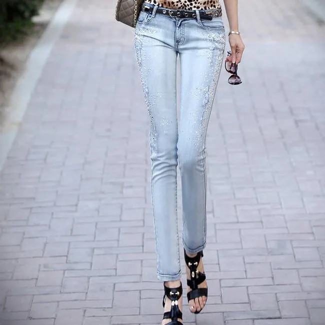 Новинка 2019 женские модные трендовые джинсы со стразами повседневные джинсовые
