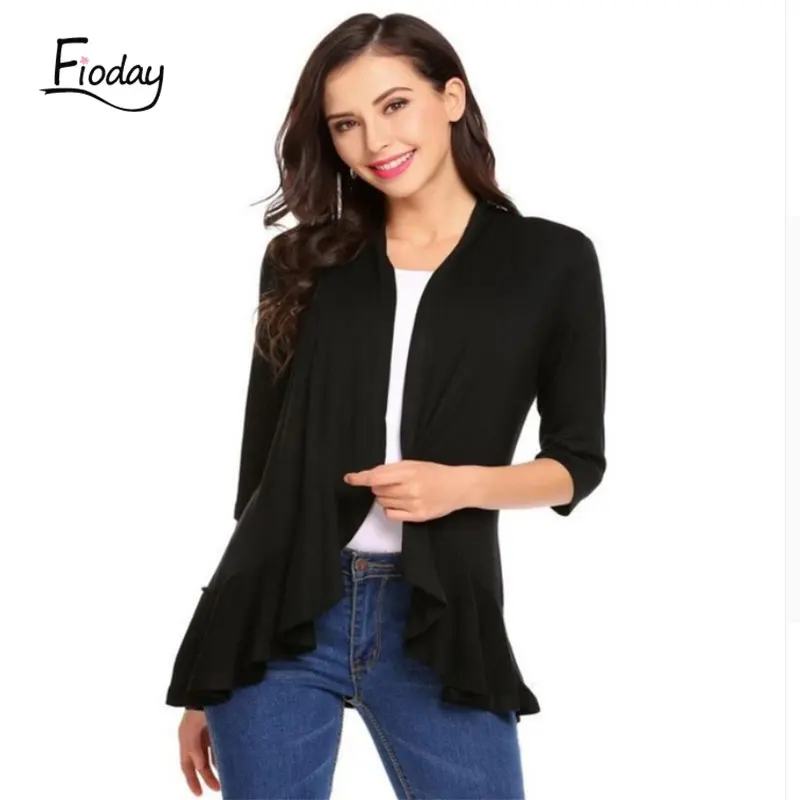 

Fioday New Open Stithch Outwear for Women Loose Flounce Hem Line Long Sleeve Solid Thin Coat Spring Autumn Plus Size XXL