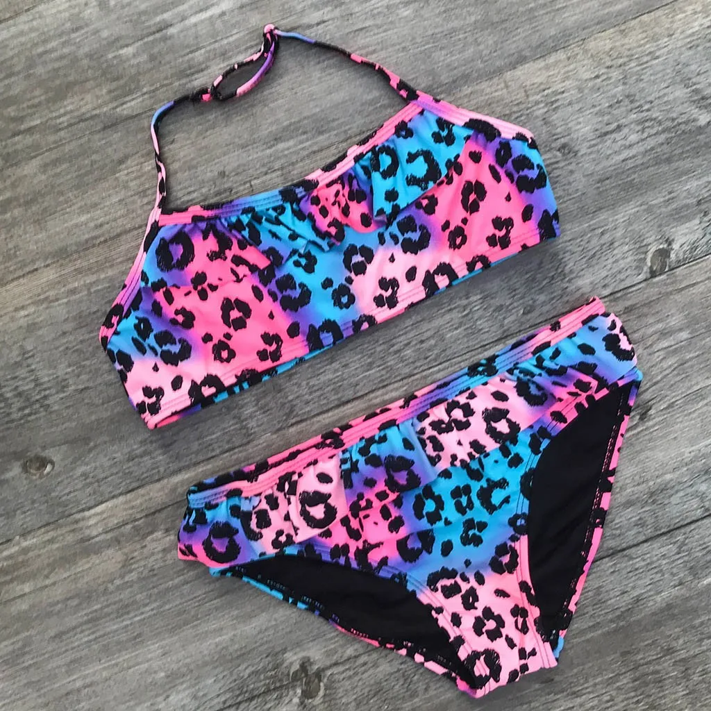Фото Детский леопардовый комплект бикини с рюшами для маленьких девочек купальный