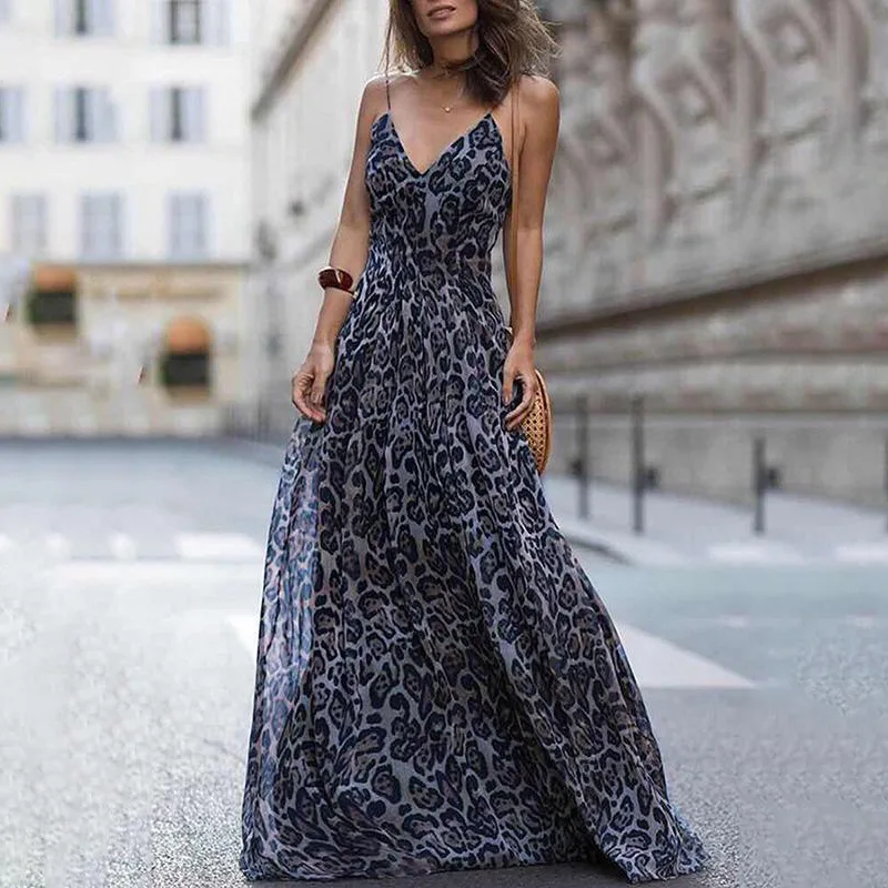

RAISEVERN 2021 Women's Fashion New Casual Dress Summer Fashion Leopard Sleeveless Halter V-Neck Casual Summer Sling Dress