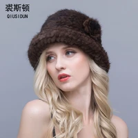 qiusidun 2017 real mink wool knits winter hat fashion lady mink cap russian women thicken their caps a black baotou fur hat