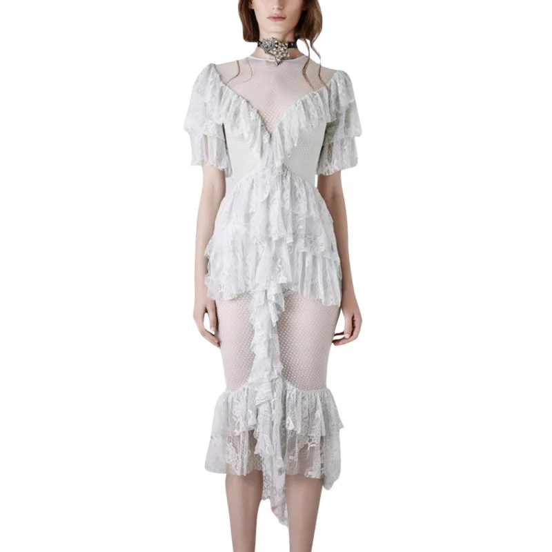 Лето Boho женское платье пикантные однотонные See Through оборками Кружевное миди 2017