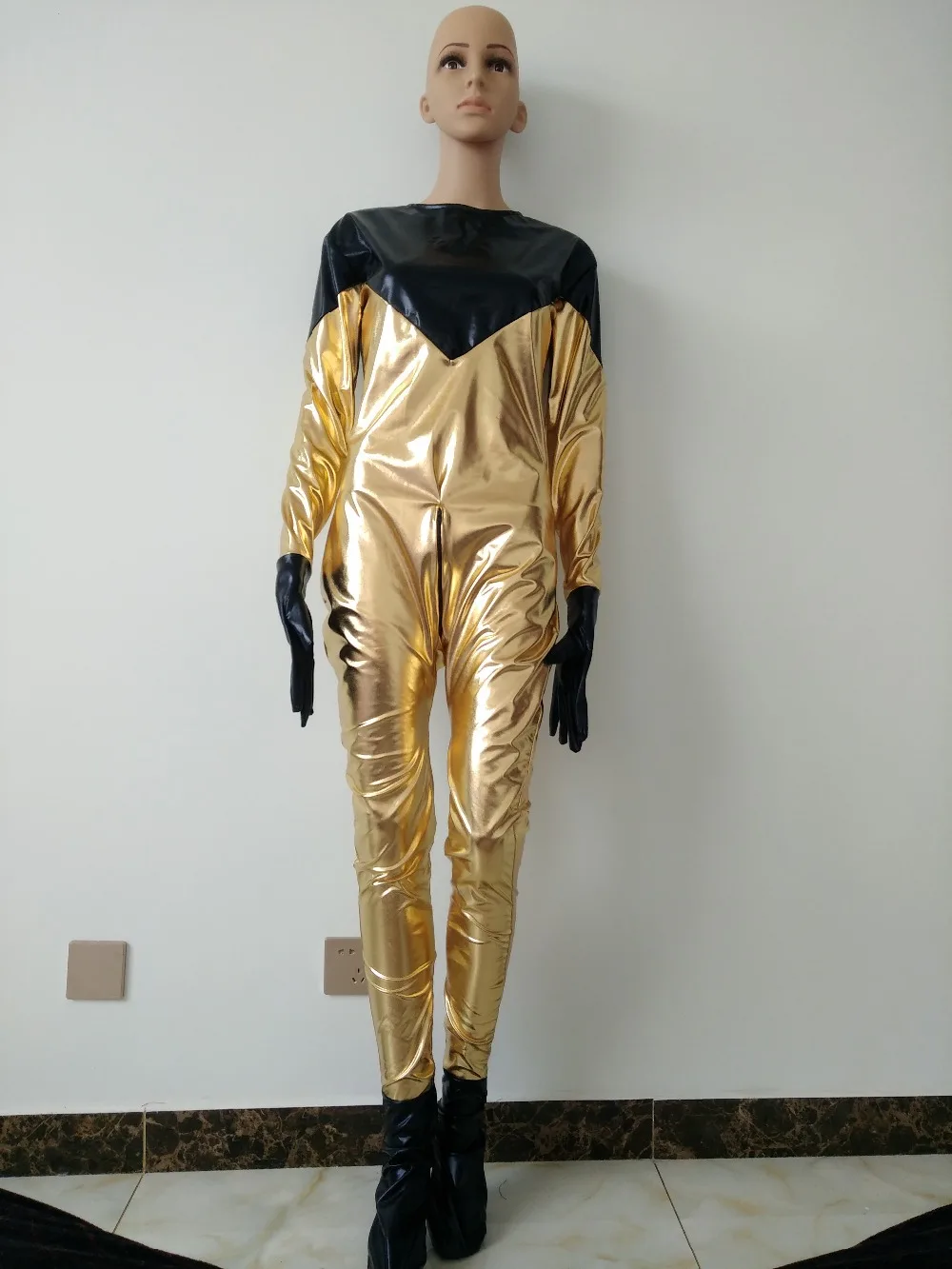 Соблазнительный черный с золотым цветом высококачественный металлик Zentai Catsuit