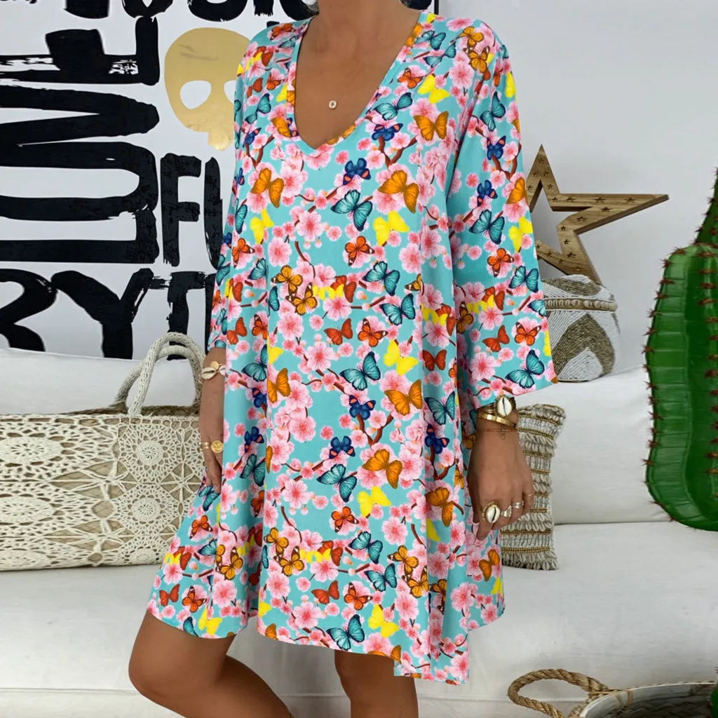 Vestidos Plus Size Dress Ladies V-neck Dresses Women's Loose Print Three Quarter Sleeve Mini Casual Summer MMM | Женская одежда