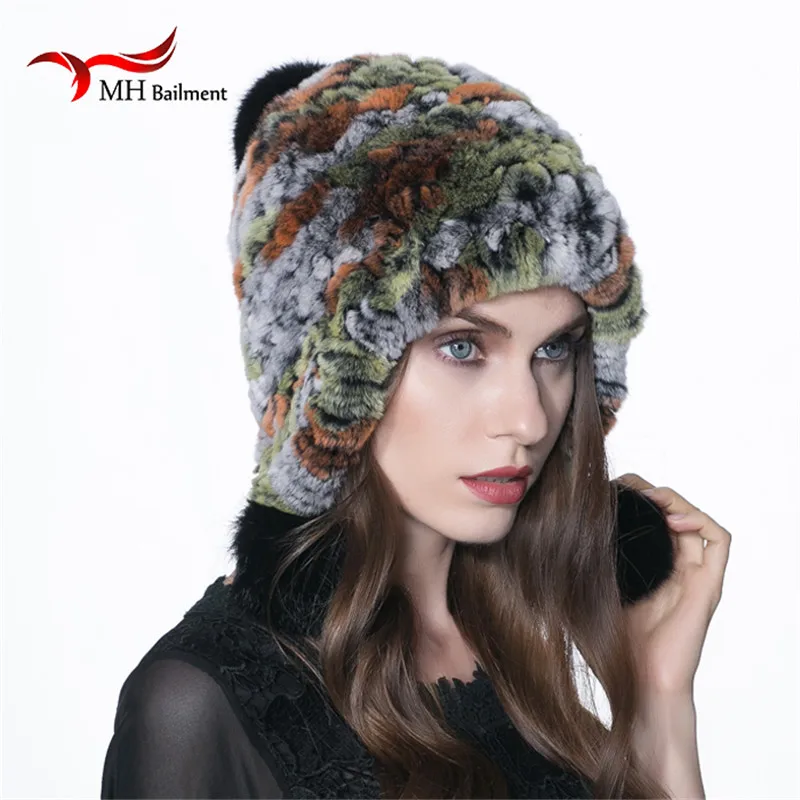Новинка Шапка бини Для женщин трикотажные из натуральной шапка меха кролика рекс