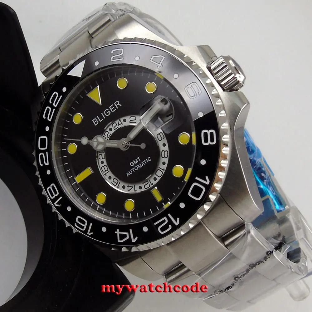 43mm bliger black dial ceramic bezel GMT sapphire glass automatic mens watch 208 | Наручные часы