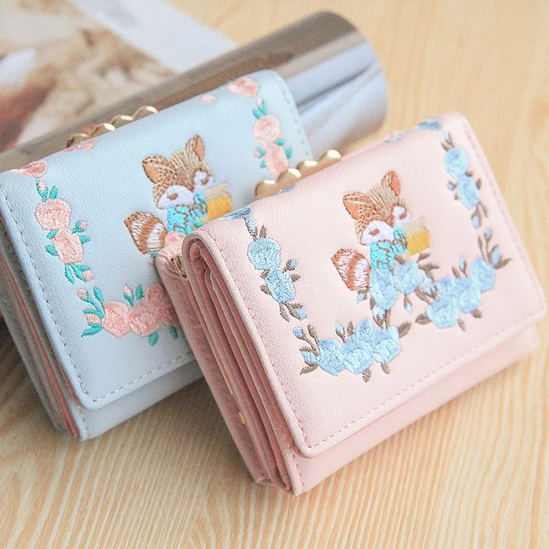 NEW Chinese Women Girl Lady Classy Cute Pink Fashion Simple Embroidery Lovely Fox Tassel Short Money Case Wallet Purse