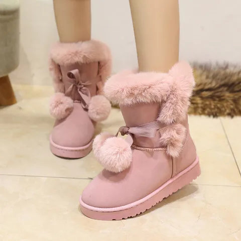 pink Женская зимняя обувь на меху Нескользящие зимние Повседневное обуви милые замшевые зимние сапоги меховой шарик ботинки до середины икры модные женские сапоги - Цвет: pink
