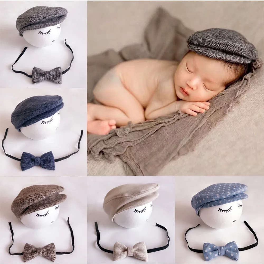 Newborn Photography Costume Baby Beanie Hat+Bow Tie 2Pcs/Set Studio Baby Boy Photo Props Accessories Infant Hats Cap Fotografia