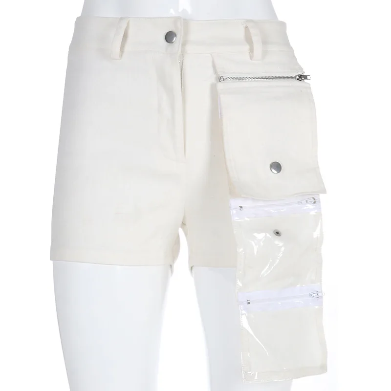 Уличная одежда женские белые шорты карго с карманами поясом высокой талией