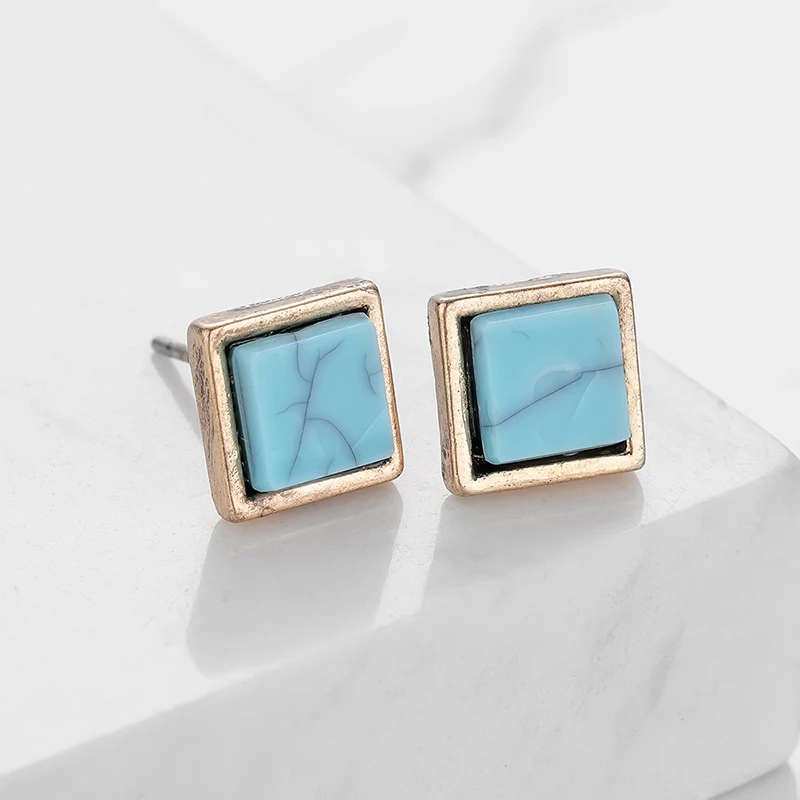 Vintage Geometric Acrylic Stud Earrings For Women Metal Fashion Jewelry Square Waterdrop Stone Flower Small Femme Gifts | Украшения и