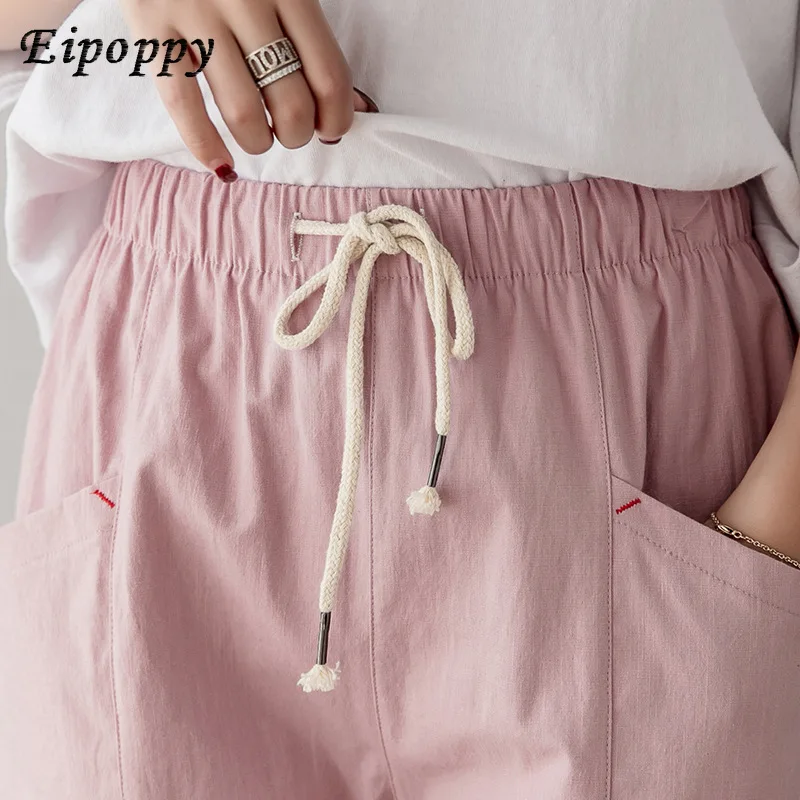 Women Clothing Cotton Linen Cropped Trousers Pants High Waist Thin Solid color Section Sports Women's Width Loose Casual | Женская