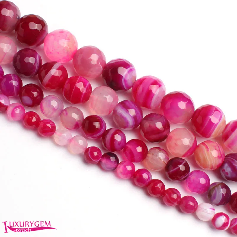 

4,6,8,10,12,14mm Natural Faceted Round Shape Rose Red Banded Agates Stone Loose Beads Strand 15 Inch wj329