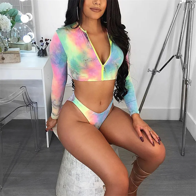 

Fashion Colorful Print 2 Piece Sets Deep V Neck Long Sleeve Zipper Crop Top Sexy Women Hot Shorts Summer Beach Skinny Outfits