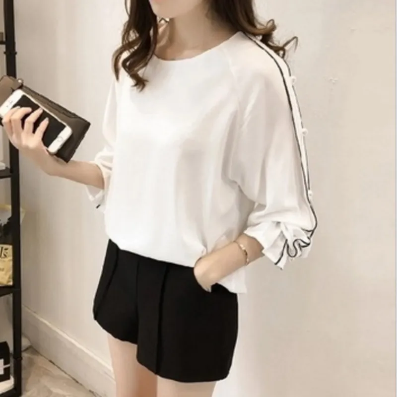 Большие размеры шифоновая рубашка Женская мода 2018 Blusa бисером топы Осень с