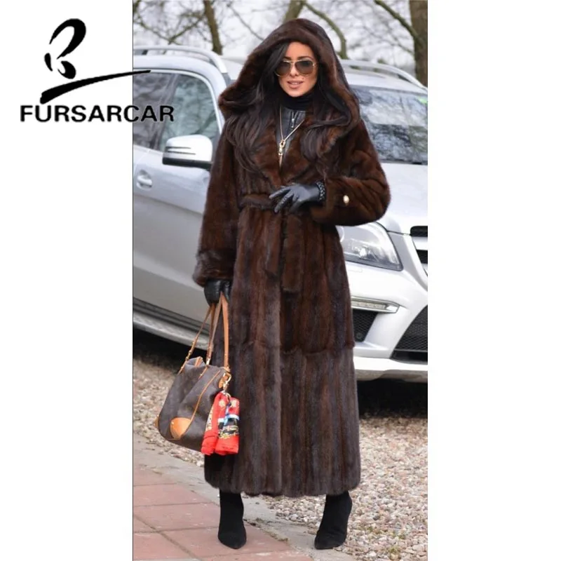 FURSARCAR 2021 New Luxury Real Mink Fur Coats 120 CM Long Jacket With Big Fur Hood For Women Whole Skin Female Mink Fur Coat
