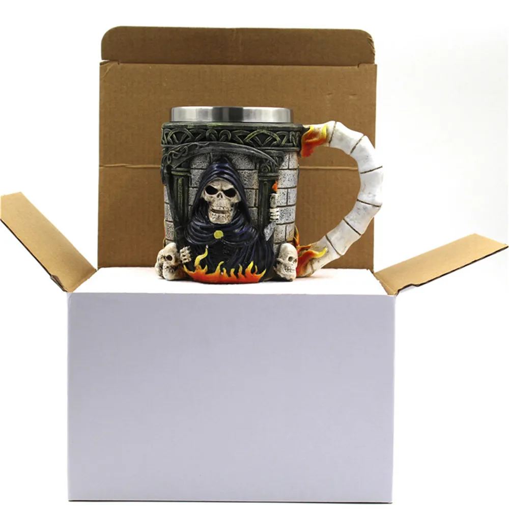 HSU Hot Sale Cup 3D Coffee Mug Resin Tankard Viking Skull Death Double Wall Christmas Cup vasos de acero inoxidable