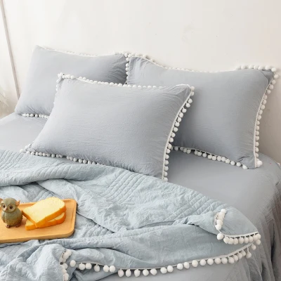 pillowcase 74x48cm Однотонный простой пододеяльник, набор постельного белья с помпоном, пододеяльник для двойной кровати, наволочка для спальни - Цвет: pillowcase 74x48cm