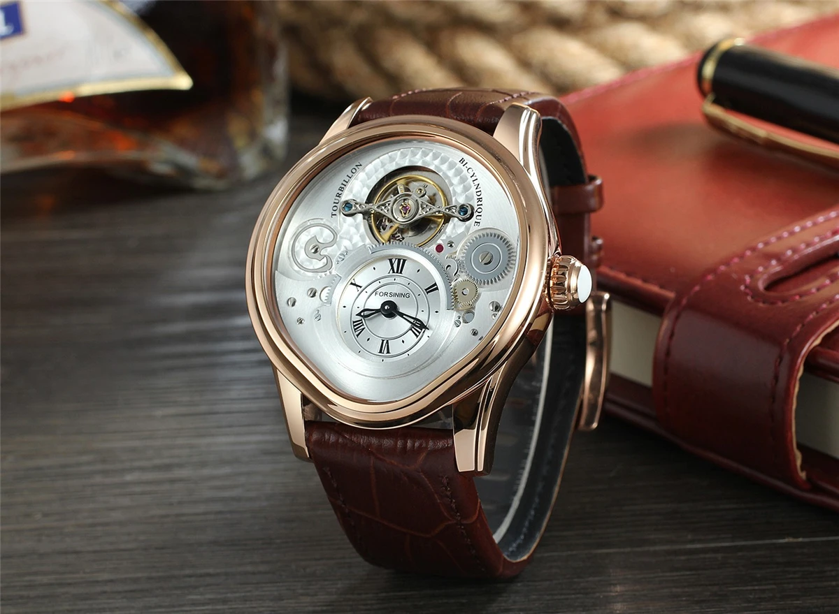 FORSINING Tourbillon для мужчин s Лидирующий бренд Роскошные автоматические механические часы для мужчин кожаный ремешок золотой чехол Бизнес водонепроницаемые часы