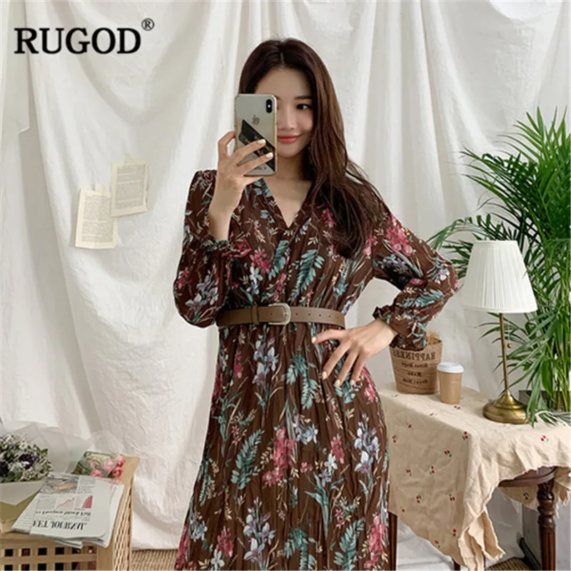 RUGOD-винтажное женское длинное платье с цветочным принтом и рукавами-фонариками