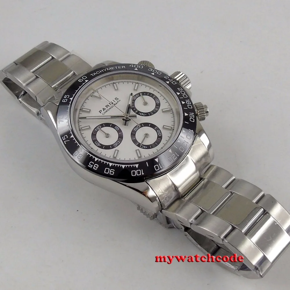 39mm PARNIS white dial sapphire glass solid full Chronograph quartz mens watch P1077 | Наручные часы