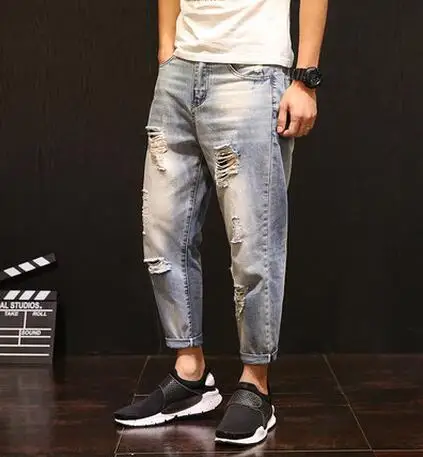 

M-5XL!!Summer hole jeans male loose ankle length trousers plus size trousers thin