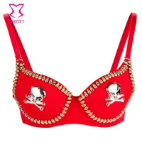 punk rave gold skull studded cropped push up bra soutien gorge sexy lingerie bralette burlesque pirate bra top red brasier mujer
