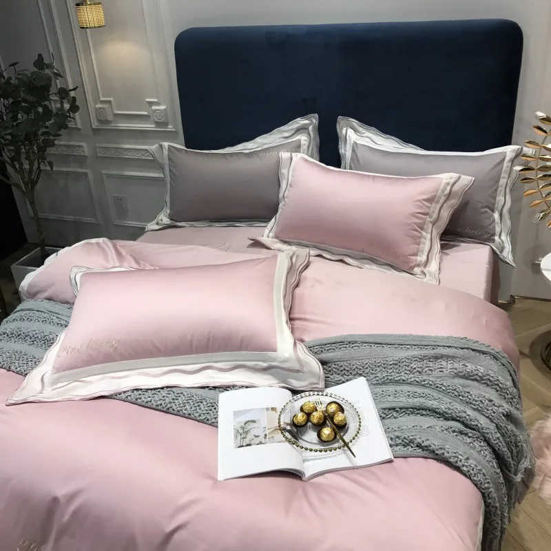 Серое, розовое, красное постельное белье, набор постельного белья queen King size, набор постельного белья из хлопка с вышивкой, набор постельного белья с пододеяльником