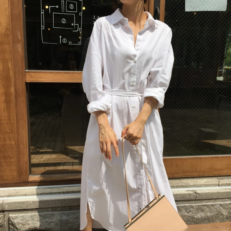 HziriP 2018 Summer Shirt Dress Women Elegant Solid Cotton Long Sleeve Turn-down Collar Sex Ladies Party Dresses Robe Femme | Женская