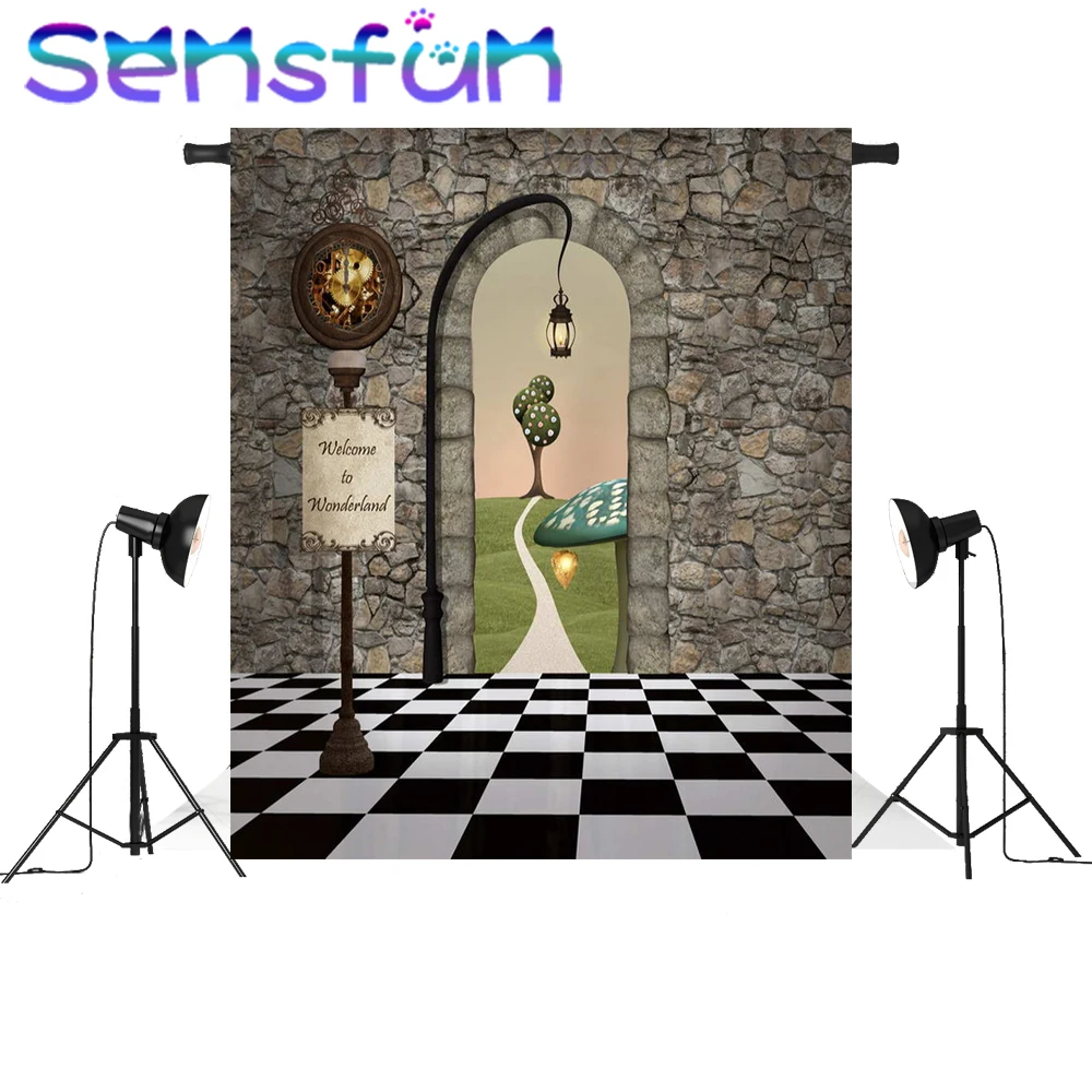 Виниловые фоны для студийной фотосъемки Sensfun Welcome to Alice Wonderland Stone House Mushsroom на заказ