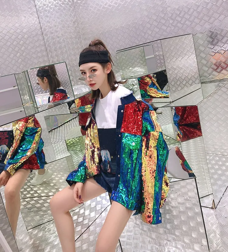 Женская джинсовая куртка WHITNEY WANG яркого цвета с блестящими блестками на весну и