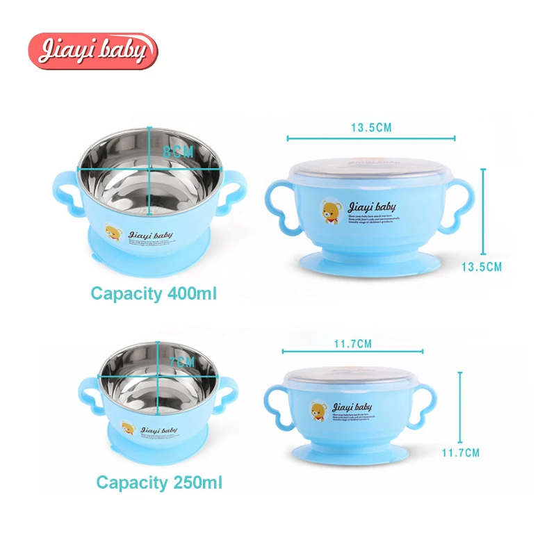 Jiayi Набор детских мисок Поильник всасывания пластины BPA Free 304 Нержавеющая сталь миска с крышкой наполнения водой Утепленная одежда столовая посуда для детей
