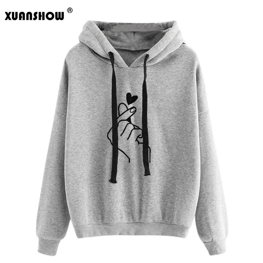 Gray XUANSHOW унисекс, женские толстовки, повседневные толстовки с длинными рукавами и принтом в виде сердца, милый пуловер, топы, толстовки - Цвет: Gray