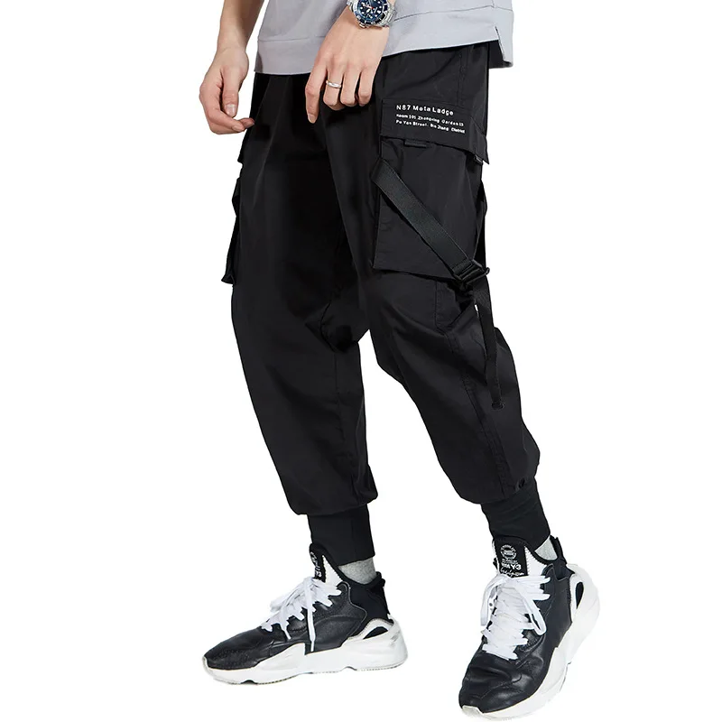 

Black Harem Pant Men Fashion Streetwear Punk Hip Hop Casual Joggers Trousers Male Dancing Pant Ribbons Design US Size GM42