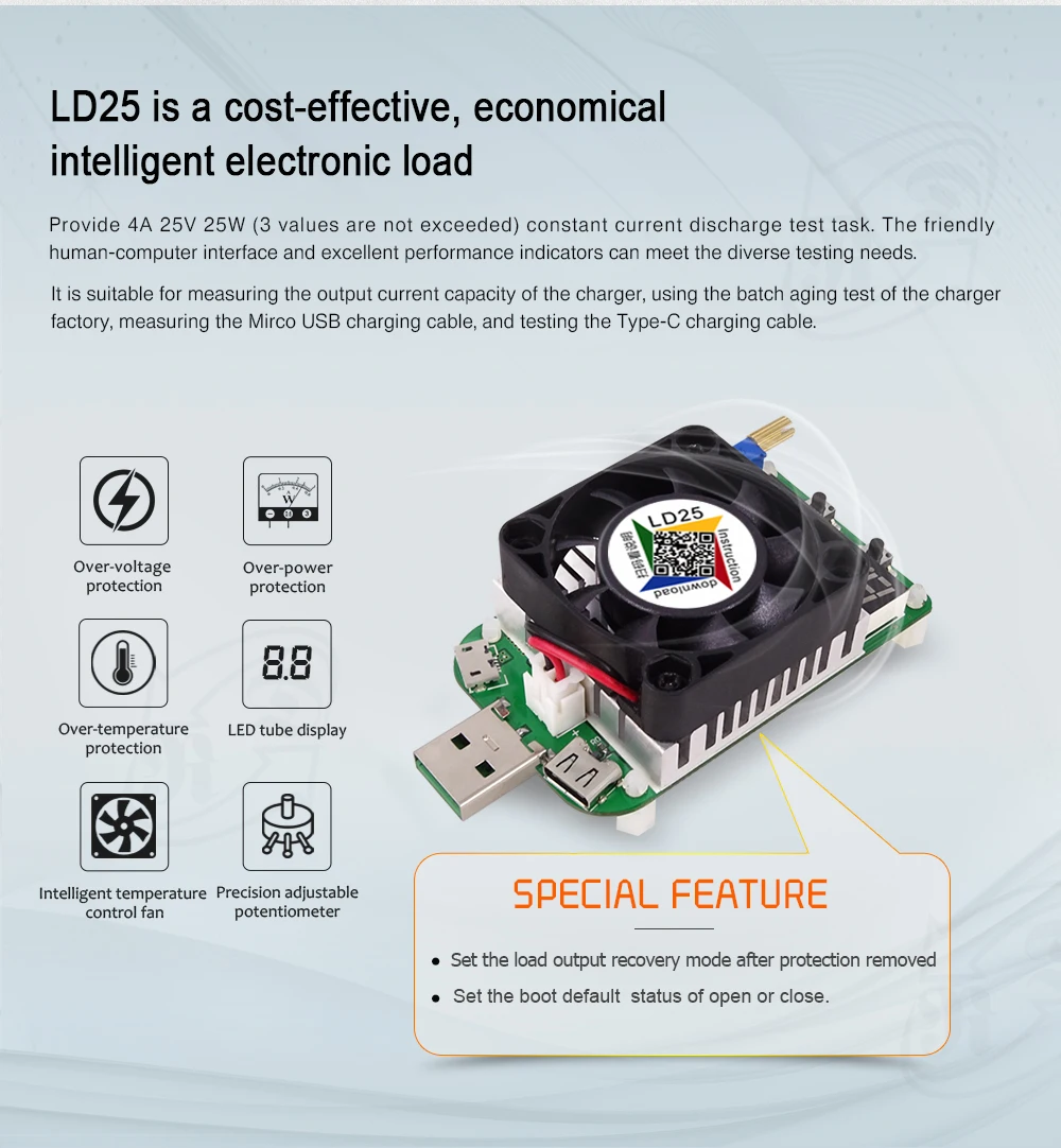 RD LD25 LD35 USB интерфейс электронный нагрузочный резистор разрядка батарея тест светодиодный дисплей вентилятор регулируемый ток напряжение 25 Вт
