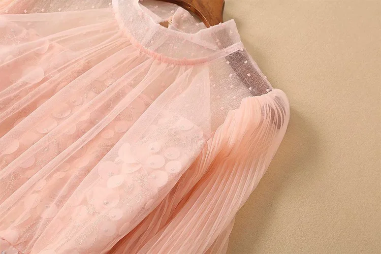 Bling пайетками see through белый/розовый Сетчатое платье Стенд воротник Длинные рукава ТРАПЕЦИЕВИДНОЕ ПЛАТЬЕ С Вышивкой летние вечерние женские платья
