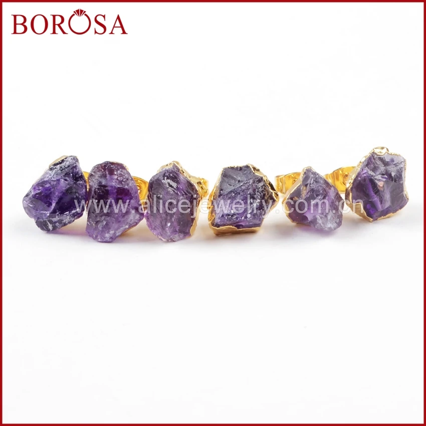BOROSA 1 пара новые золотые серьги с необработанными аметистами фиолетовым