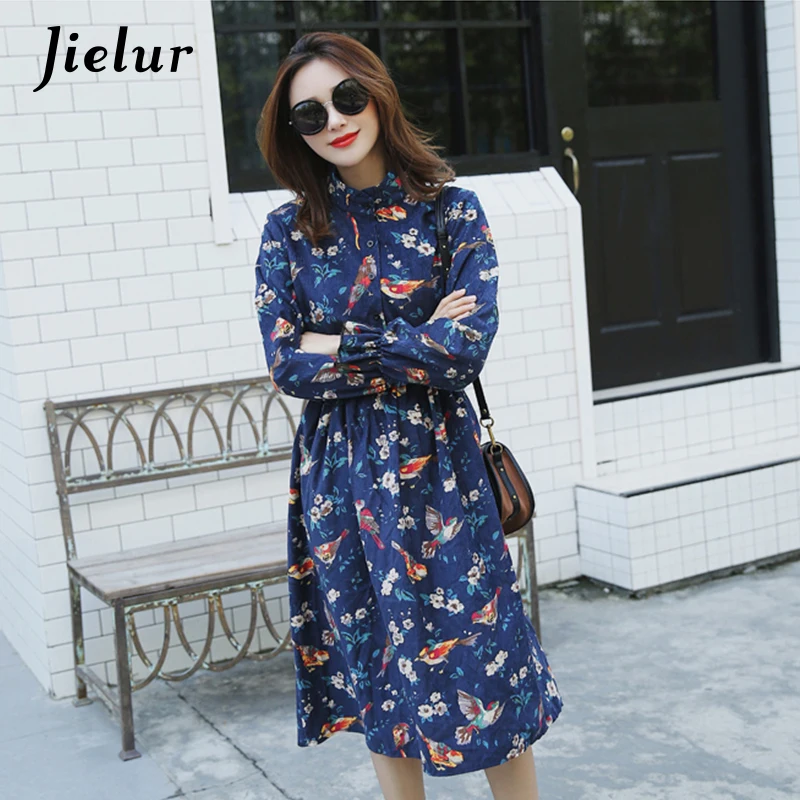 Jielur S XL Осень Винтаж печатных мультфильм плед платье с цветочным рисунком женский