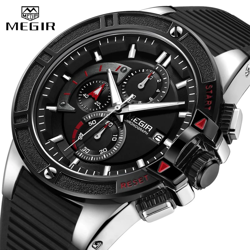 Relogio Masculino, мужские спортивные часы MEGIR, военные часы с силиконовым хронографом, кварцевые мужские часы, мужские повседневные водонепроницаемые наручные часы с датой