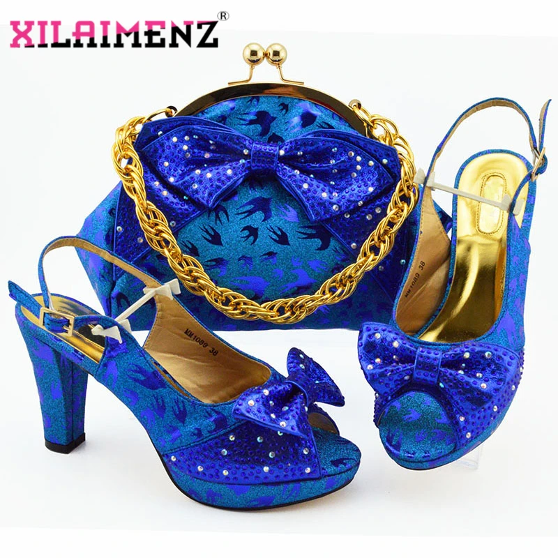 

Royal Blue 2019 African Shoes for Women Sandal Bag Set Evening Shining Crystal Italian Shoes with Matching Bag Shoes and Bag Set
