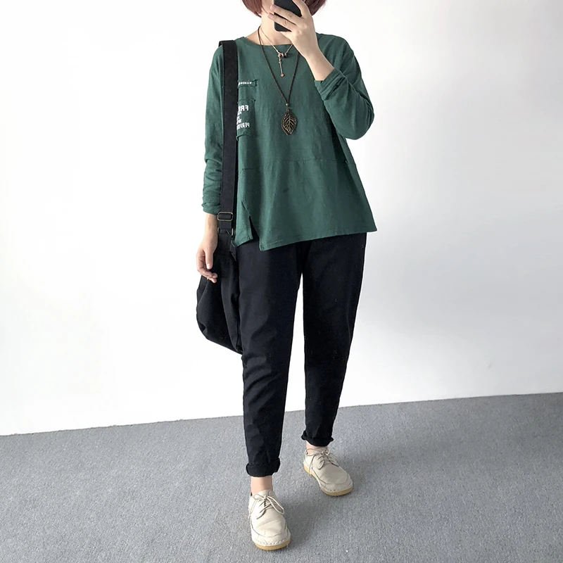 Футболка из хлопка повседневная новый стиль трикотажная женская длинный рукав