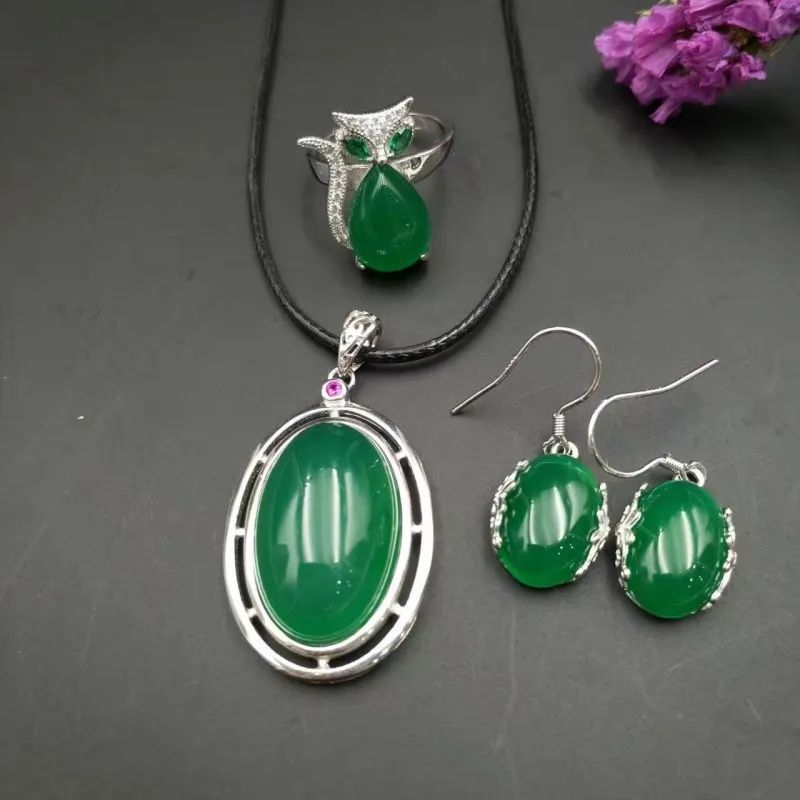 Натуральный халцедон костюм кольцо кулон серьги браслет s925 серебро