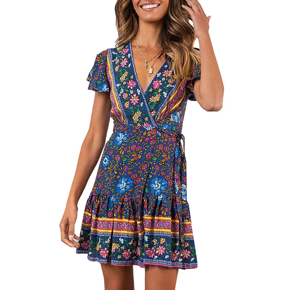 2019 Новое Женское повседневное пляжное платье с принтом Платья коротким рукавом