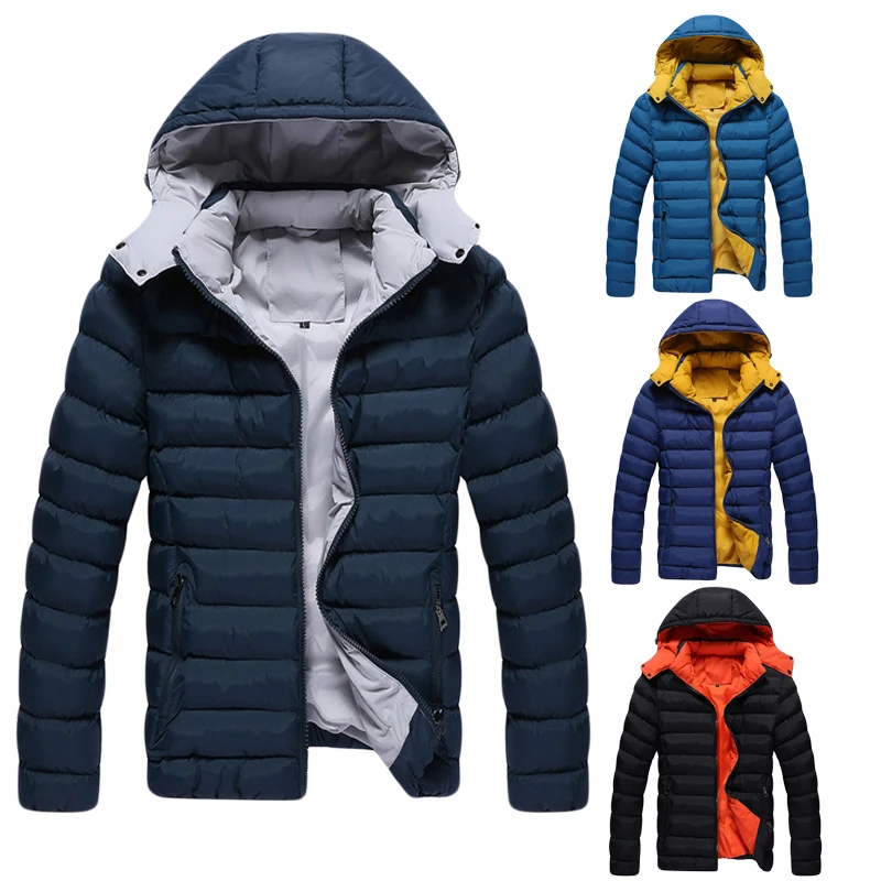 2018 Для мужчин пуховик на зиму с капюшоном и застежкой-молнией парки карманами