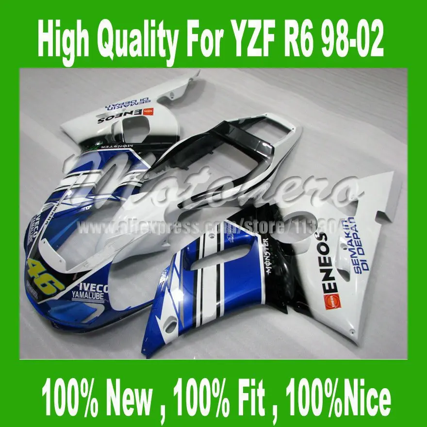 

Pre_drilledFairing kits for Yamaha YZF R6 1998-2002 YZF R6 98-02 YZF R6 1998 1999 2000 2001 2002 blue white black motorcycle fai